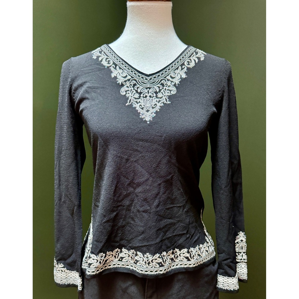 Talbots Collection Petites Black‎ Embroidered Italian Yarn Top Women's Size M